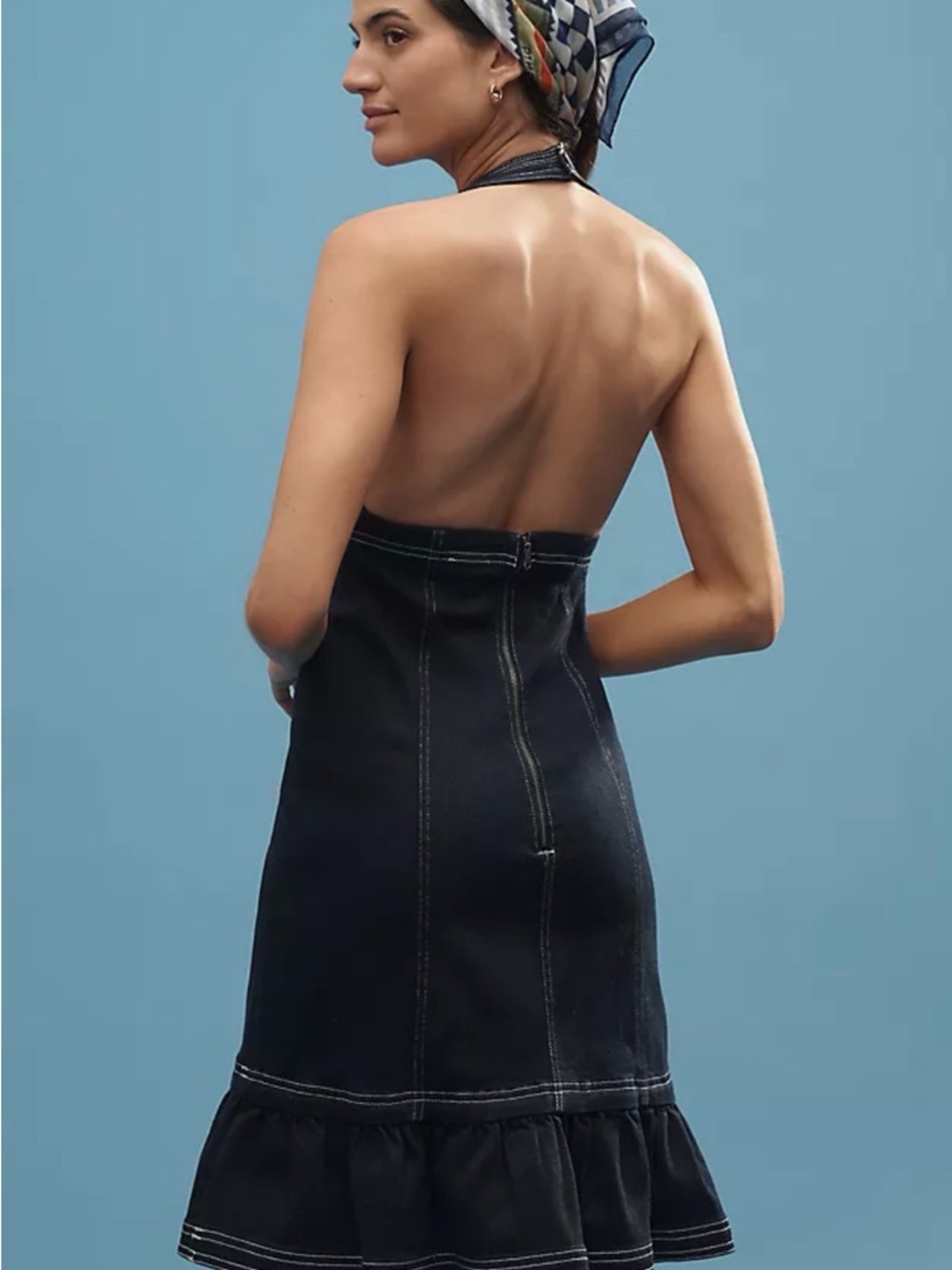 ANTHROPOLOGIE Pilcro Deep V Seamed Mini Ruffle-Hem Backless Dress - Picture 2 of 4